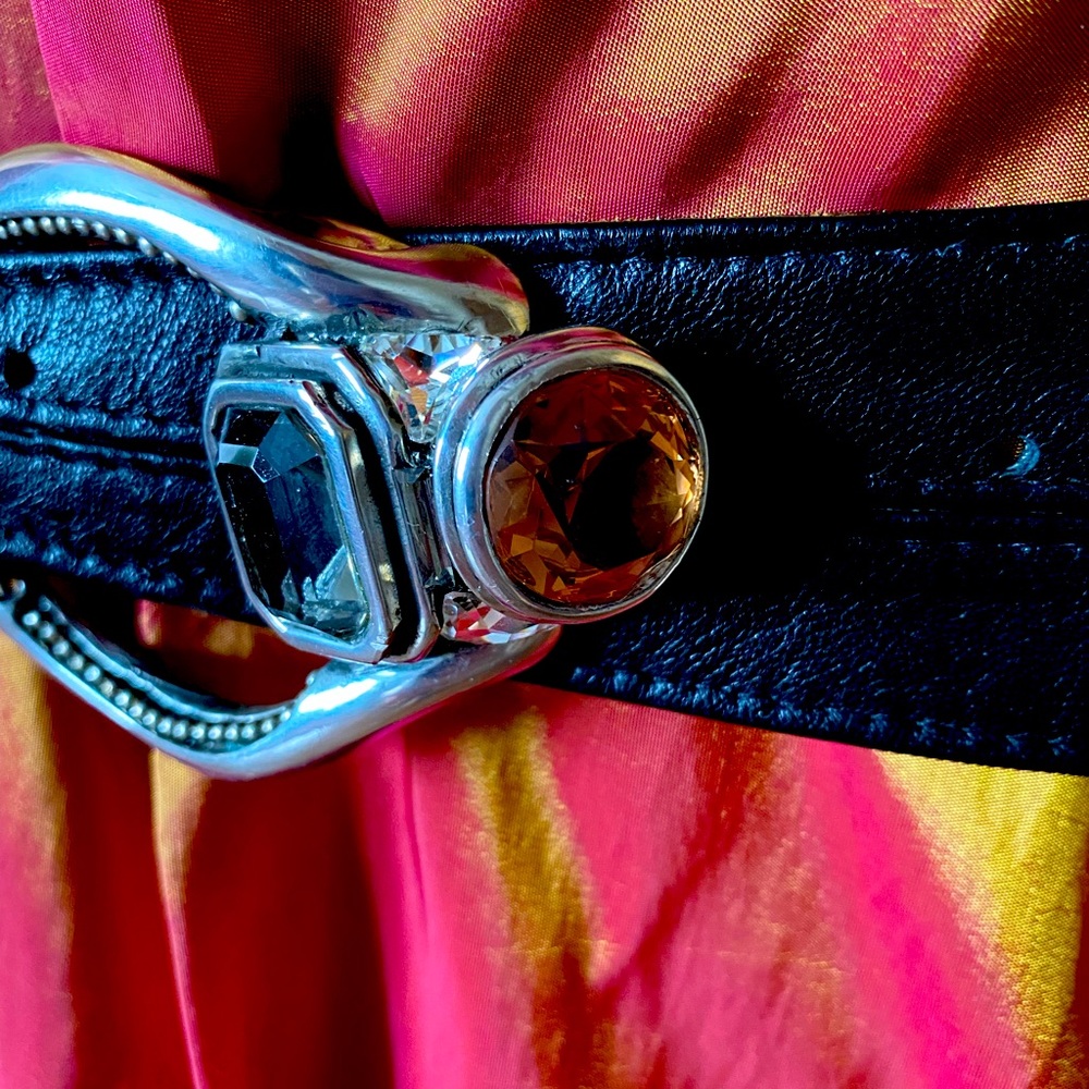 Designer black leather waist belt